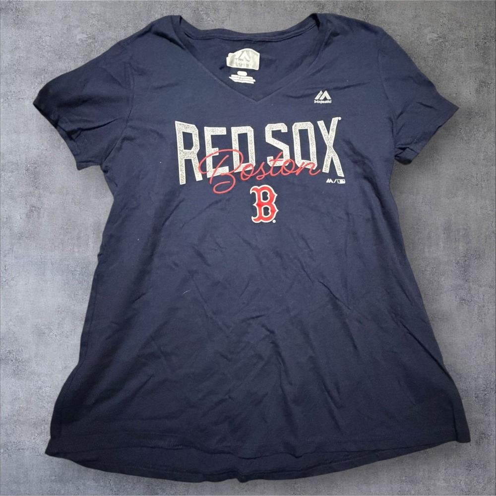 Majestic Boston Red Sox Womens Navy Blue V-Neck Graphic T-Shirt L MLB Baseball